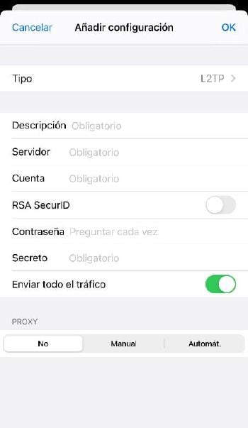 Añadir nueva conexión VPN iOS