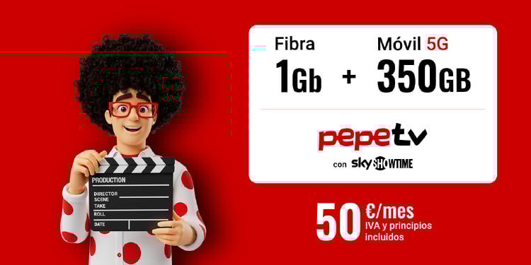 Fibra 1Gb + 350GB + PepeTV Pepe con claqueta de cine y tarifa Fibra 1Gb + 350GB + PepeTV por 50 euros al mes