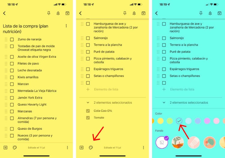 Lista de la compra y colores de las notas. Lista de la compra y colores de las notas.