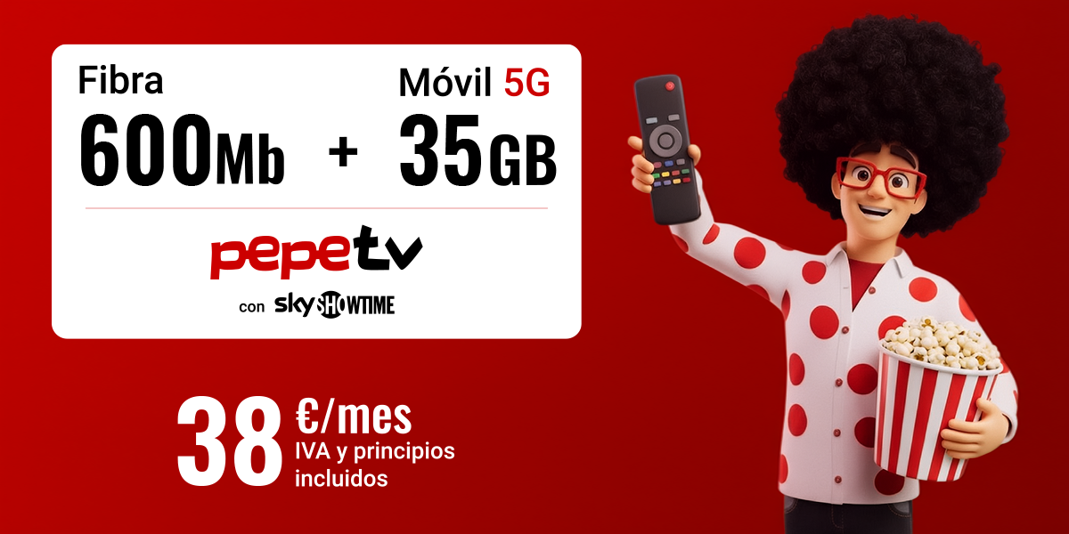 Fibra 600Mb m&oacute;vil 35GB y televisi&oacute;n con SkyShowtime por 38 euros al mes
