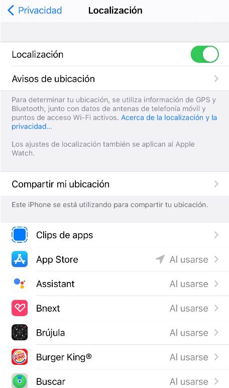 Opciones privacidad iOS - Localización