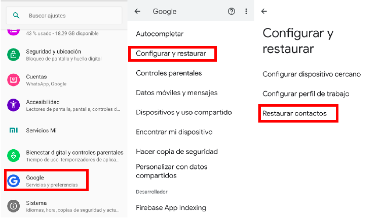 Restaura tus contactos desde tu cuenta de Google.