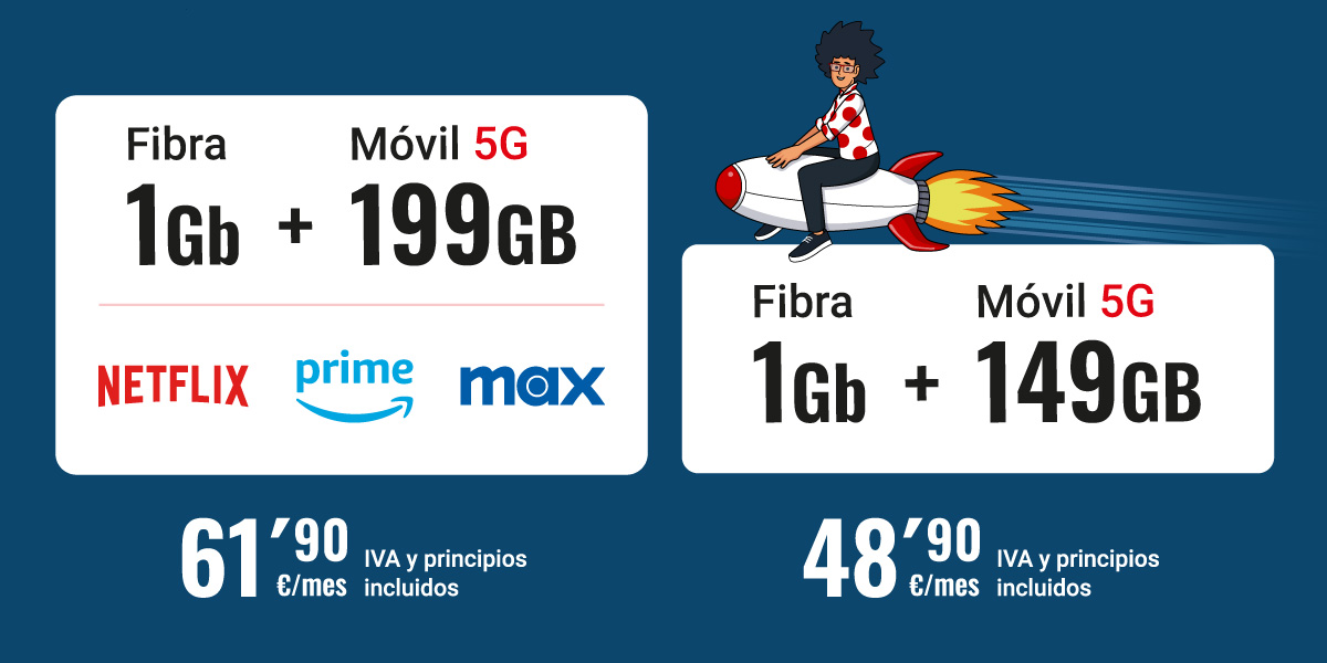 Cajas de tarifas de fibra y móvil con el precio