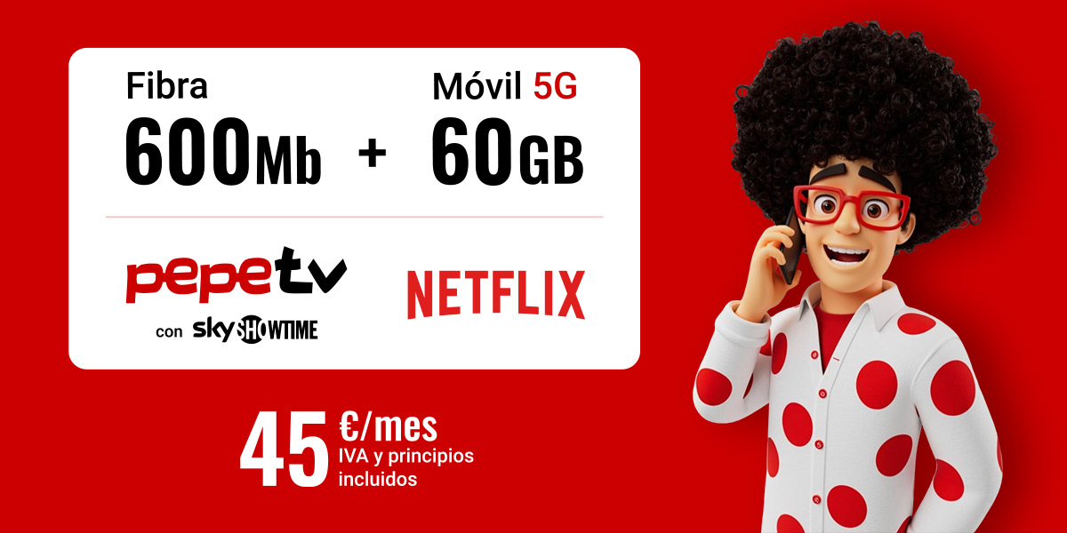 Pepe hablando por móvil y la tarifa Fibra 600Mb + 60GB + PepeTV + Netflix por 45 euros al mes
