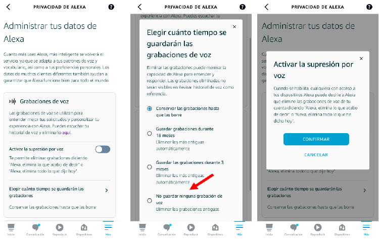 Desde la configuración de Alexa podremos decidir si almacenamos o no las conversaciones grabadas.