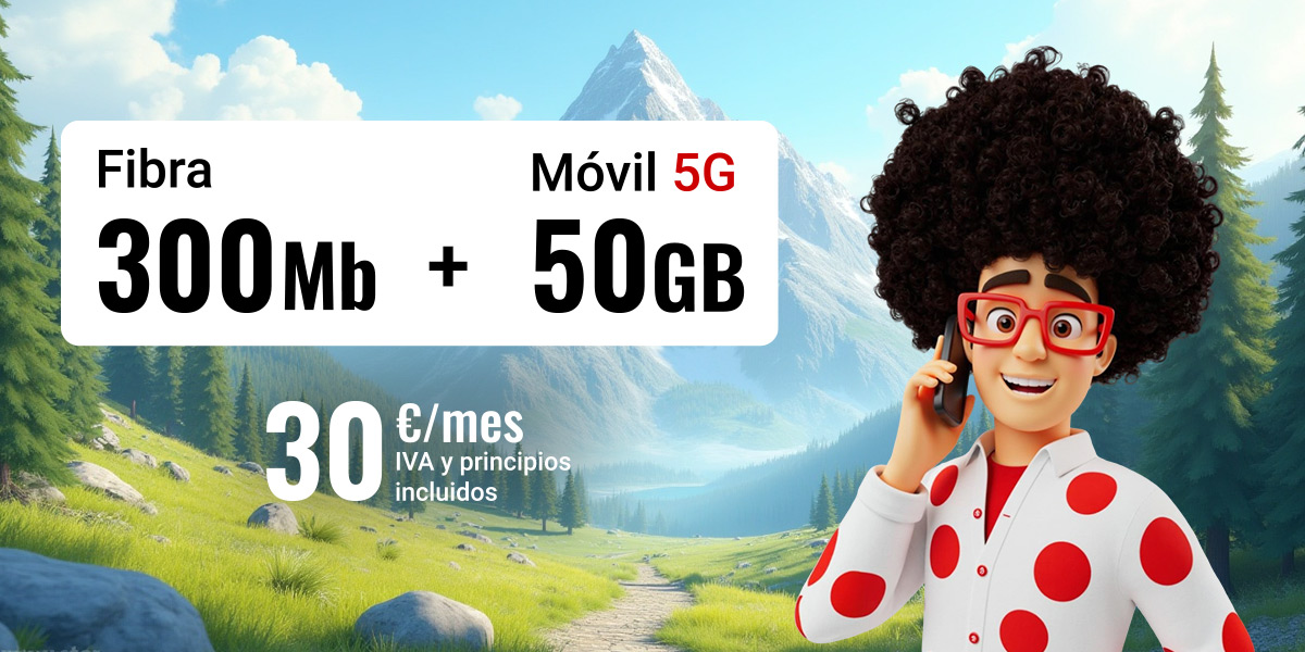 Pepe hablando por el móvil y entusiasmando con la tarifa de fibra 300Mb + 50GB por 30€/mes