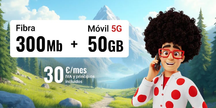 Fibra 300Mb + 50GB por 30€/mes Pepe hablando por el móvil y entusiasmando con la tarifa de fibra 300Mb + 50GB por 30€/mes