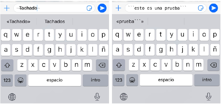 La virgulilla permite tachar el texto que desees, y colocando tres comillas invertidas, cambiaremos la fuente del mensaje. La virgulilla permite tachar el texto que desees, y colocando tres comillas invertidas, cambiaremos la fuente del mensaje.