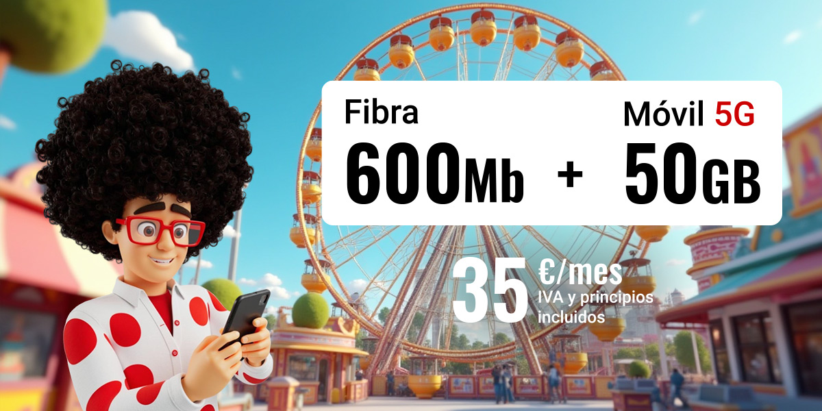Pepe enseñando la tarifa de Fbira 600Mb + 50GB por 35€/mes