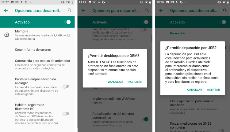 Antes de activar las opciones de desarrollo deberemos asegurarnos de aceptar las advertencias del fabricante.