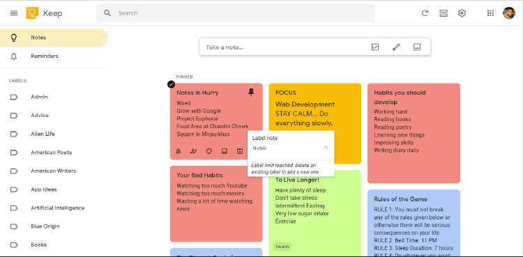 Google Keep a través de la web.