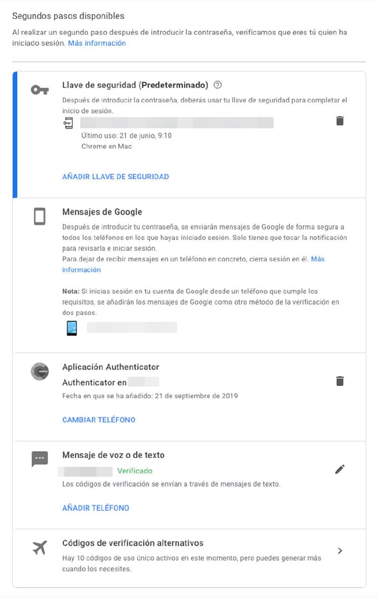 Métodos de verificación en dos pasos de Google. Métodos de verificación en dos pasos de Google.