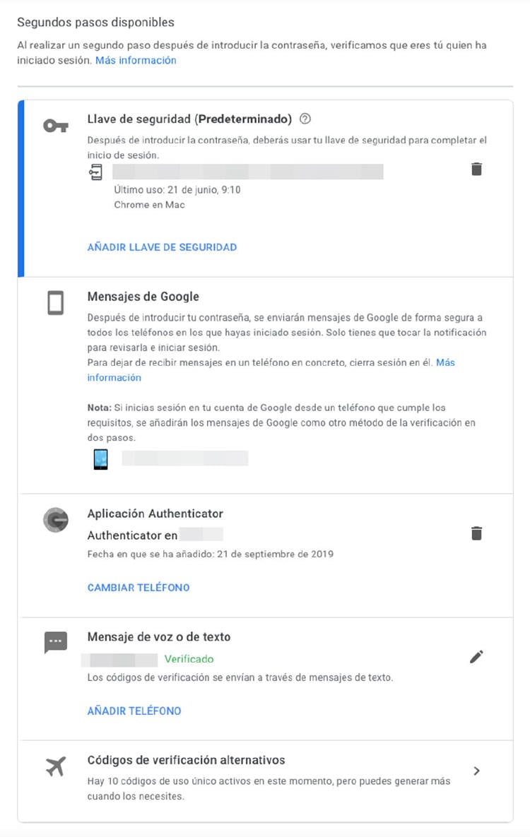 Métodos de verificación en dos pasos de Google.