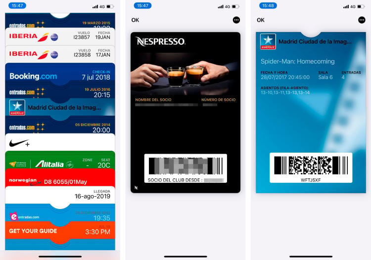 Wallet de IPhone con billetes, entradas de cine, carnés de fidelización...