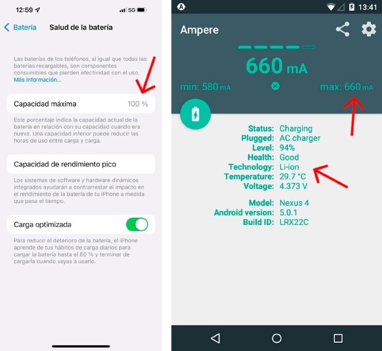 Salud de la batería en iOS (i) y Android (d). Salud de la batería en iOS (i) y Android (d).