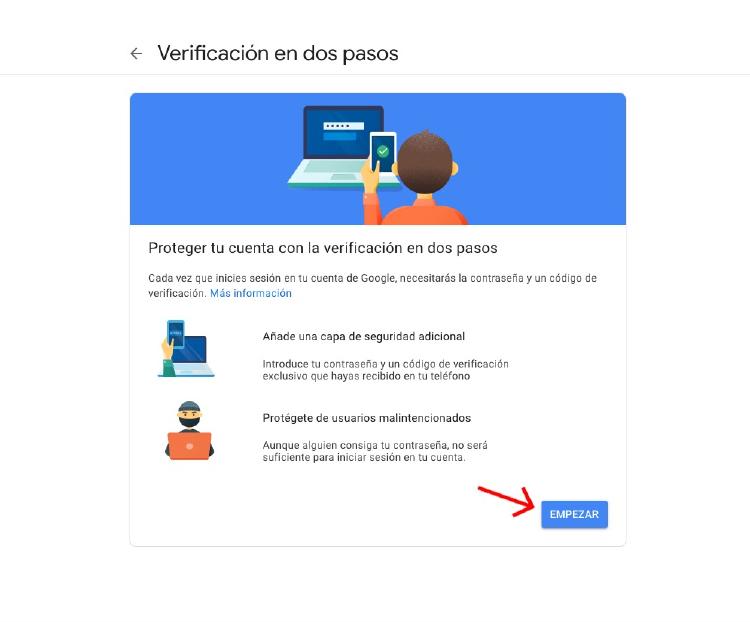 Activa la verificación en dos pasos. Activa la verificación en dos pasos.