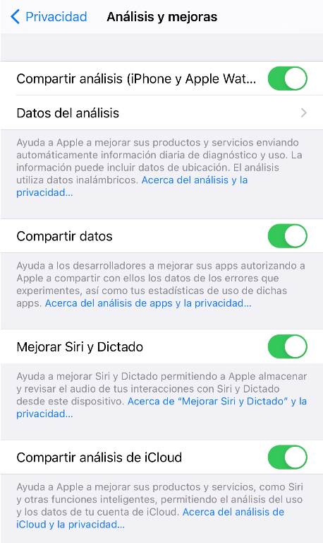 Opciones privacidad iOS - Envío de datos