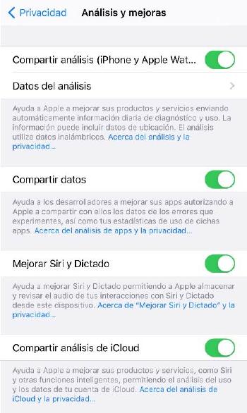 Opciones privacidad iOS - Envío de datos Opciones privacidad iOS - Envío de datos