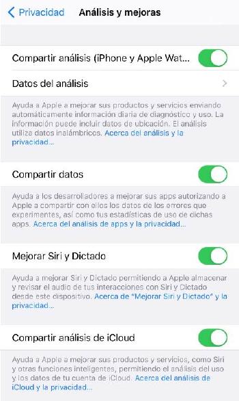 Opciones privacidad iOS - Envío de datos