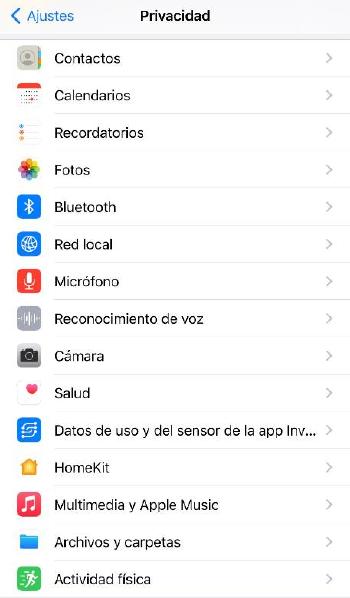 Opciones privacidad iOS - Permisos apps