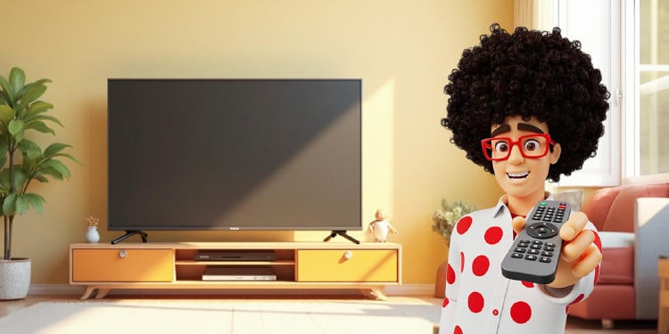 Pepe con mando y TV Pepe señalando con el mando de PepeTV y una televisión para ver los estrenos
