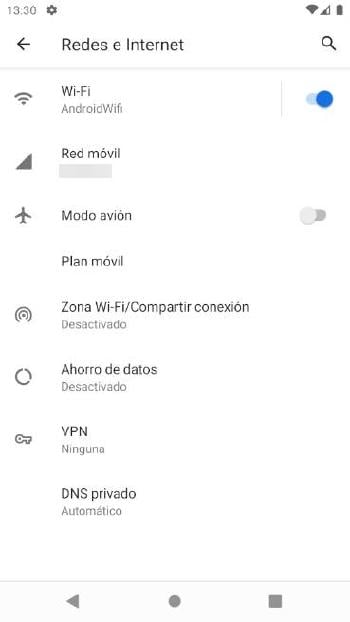 Menú redes VPN Android