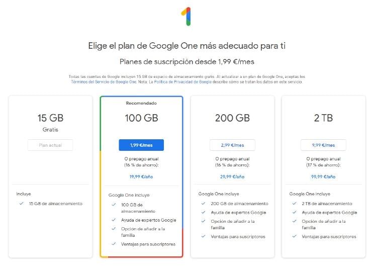 Planes de precios de Google One.