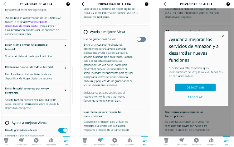 Podremos revocar el derecho de Amazon de utilizar nuestras grabaciones con el fin de mejorar Alexa. Podremos revocar el derecho de Amazon de utilizar nuestras grabaciones con el fin de mejorar Alexa.