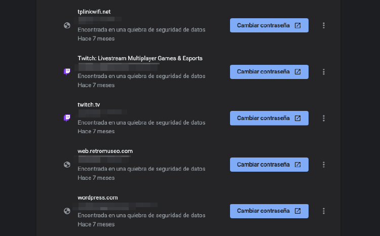 Alertas de seguridad del gestor de contraseñas de Chrome.