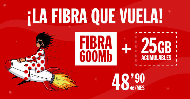 Fibra 600Mb + 25GB por 48,90€/mes Mejoramos la velocidad de la Fibra con la tarifa Inimitable