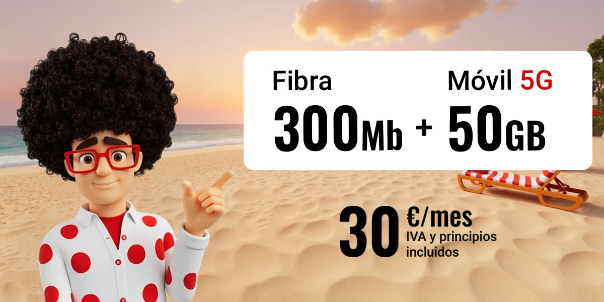 Pepe en la playa señalando la tarifa de fibra 300Mb y 50GB por 30euros al mes