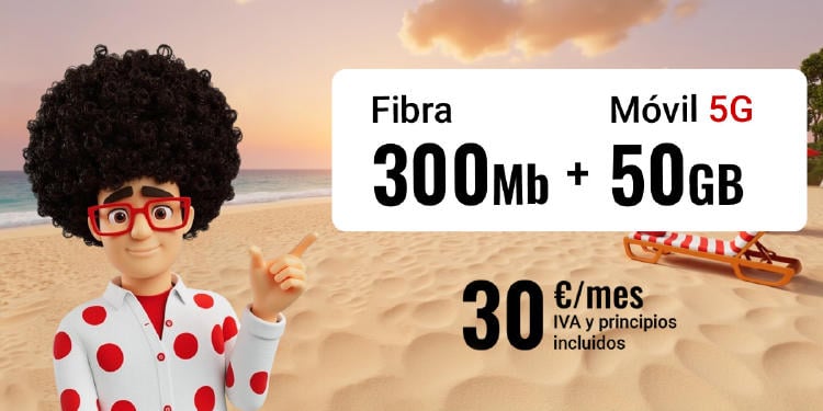 Mejora tarifa Fibra 300Mb y 50GB Pepe en la playa señalando la tarifa de fibra 300Mb y 50GB por 30euros al mes