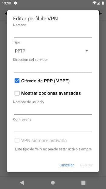 Conectar a nueva VPN Android Conectar a nueva VPN Android